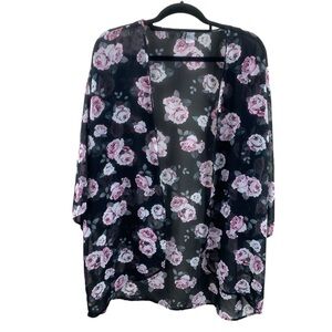 H&M Black Rose Floral Sheer Kimono Cardigan Top Sz M
